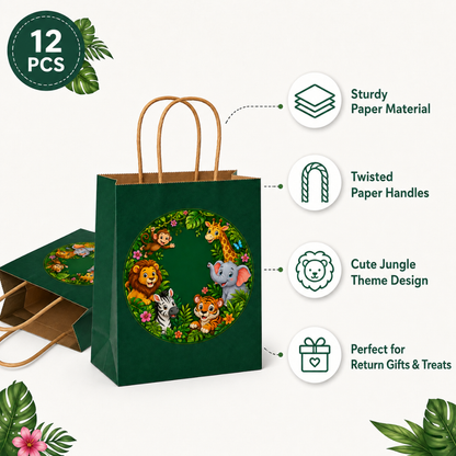 Jungle Animal Theme Green Gift Bags - 12PC