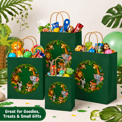 Jungle Animal Theme Green Gift Bags - 12PC