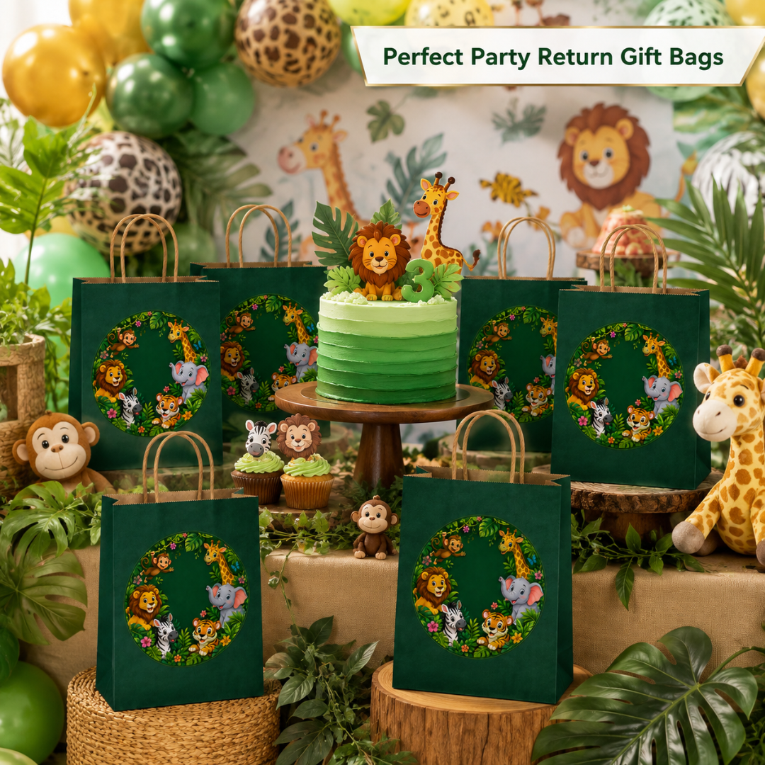 Jungle Animal Theme Green Gift Bags - 12PC