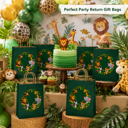 Jungle Animal Theme Green Gift Bags - 12PC