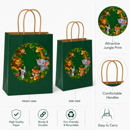 Jungle Animal Theme Green Gift Bags - 12PC