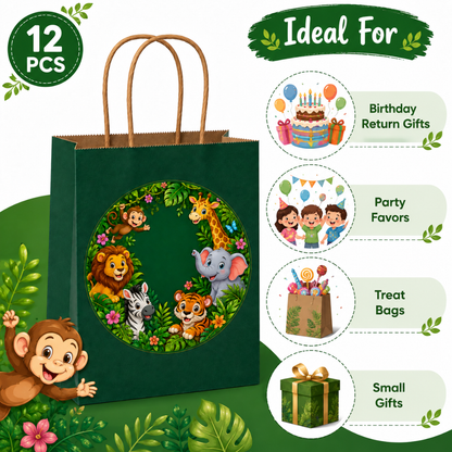Jungle Animal Theme Green Gift Bags - 12PC