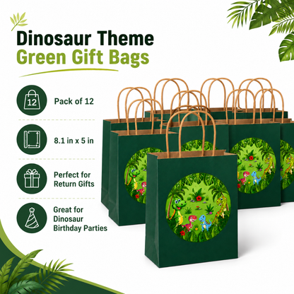 Dinosaur Theme Green Gift Bags - 12PC