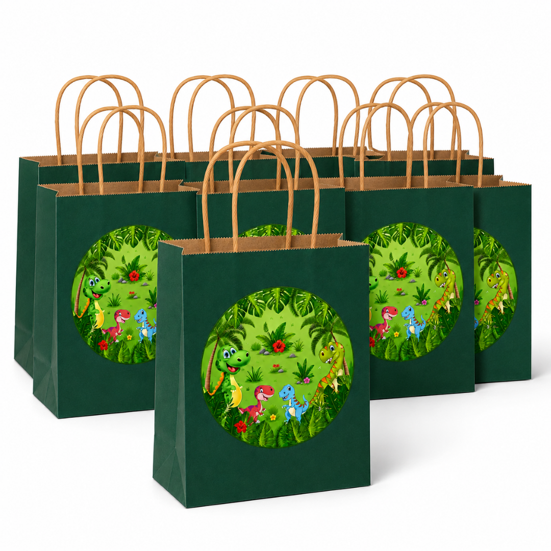 Dinosaur Theme Green Gift Bags - 12PC