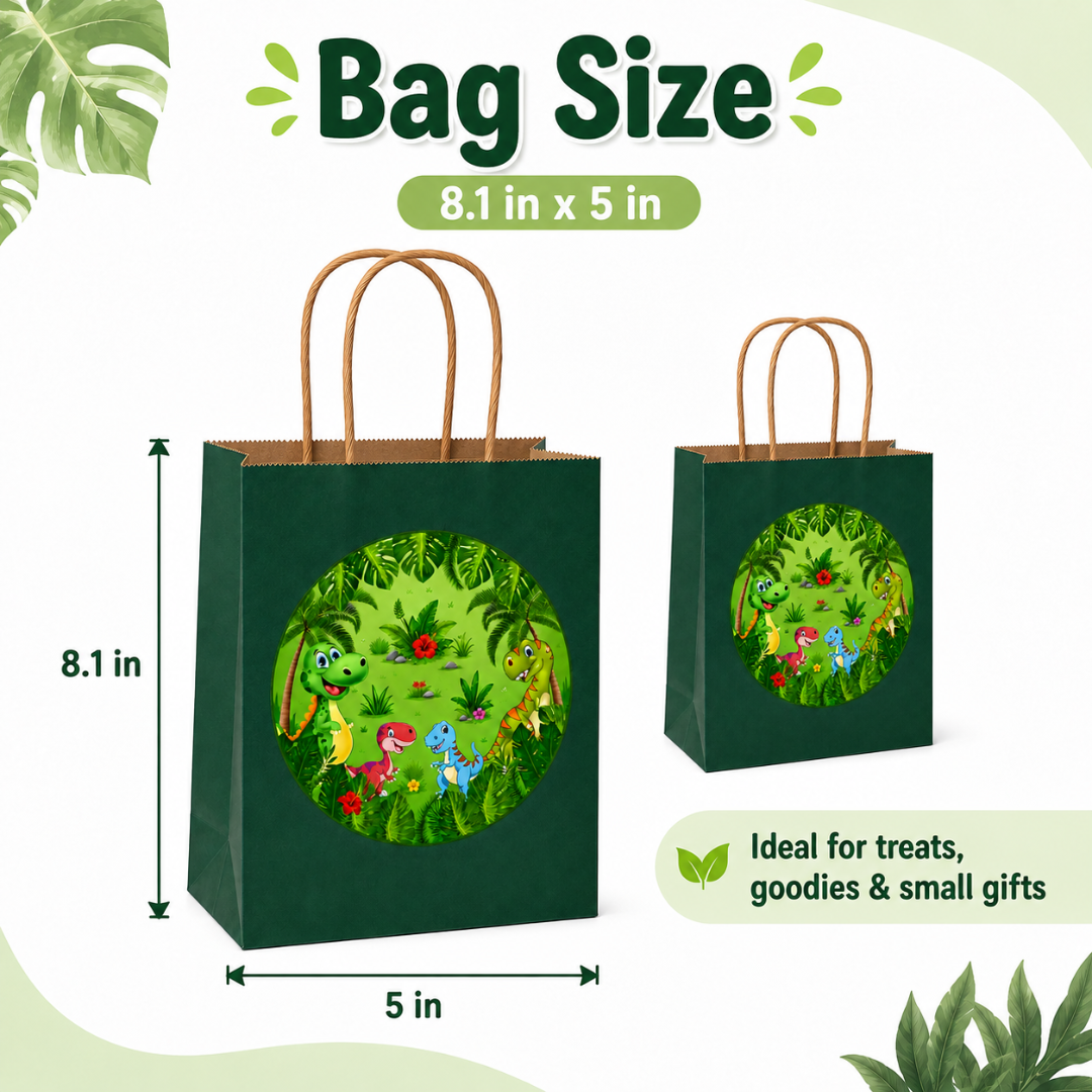 Dinosaur Theme Green Gift Bags - 12PC