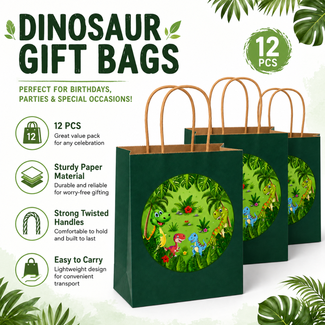 Dinosaur Theme Green Gift Bags - 12PC