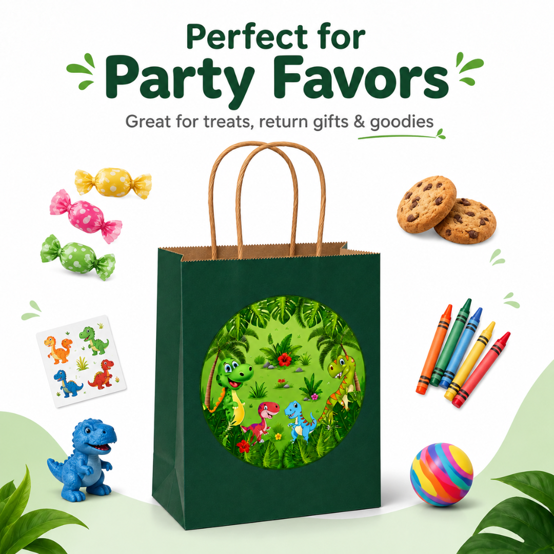 Dinosaur Theme Green Gift Bags - 12PC