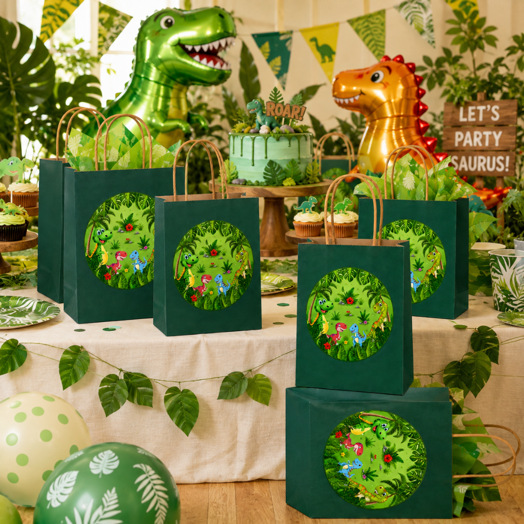 Dinosaur Theme Green Gift Bags - 12PC