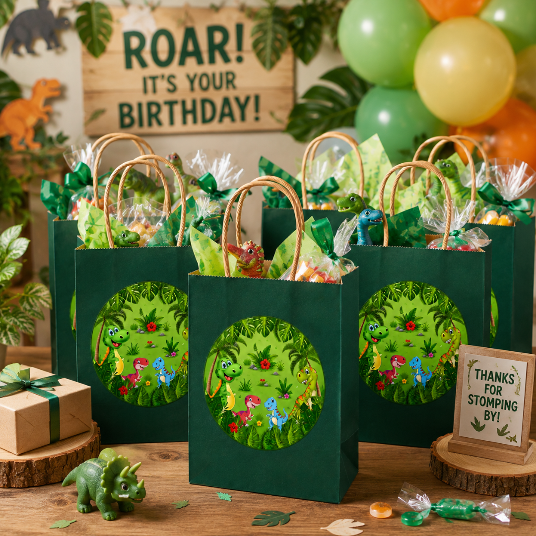 Dinosaur Theme Green Gift Bags - 12PC