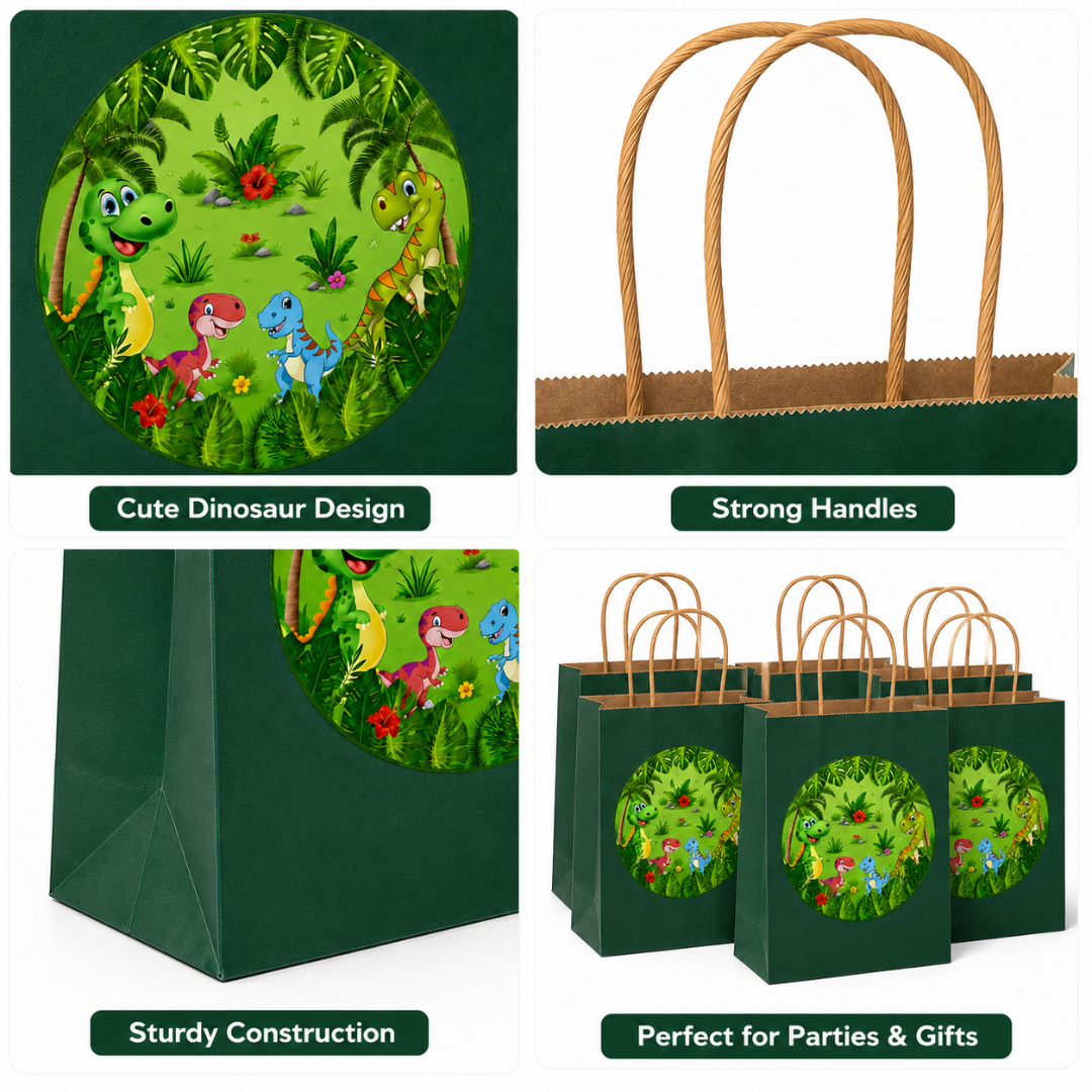 Dinosaur Theme Green Gift Bags - 12PC