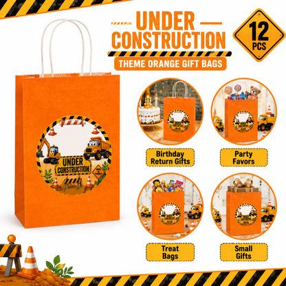 Under Construction Theme Orange Gift Bags - 12PC