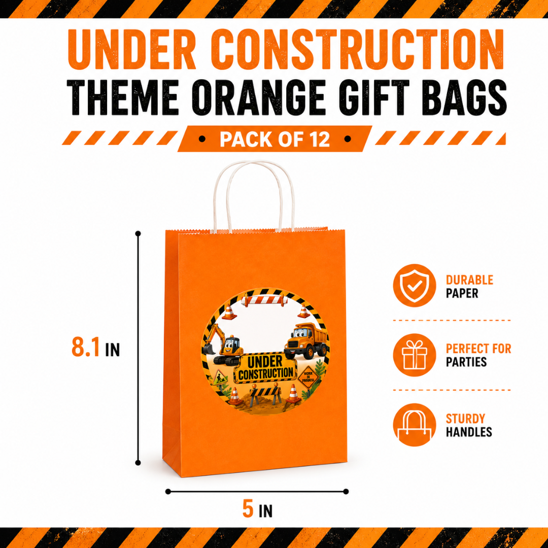 Under Construction Theme Orange Gift Bags - 12PC