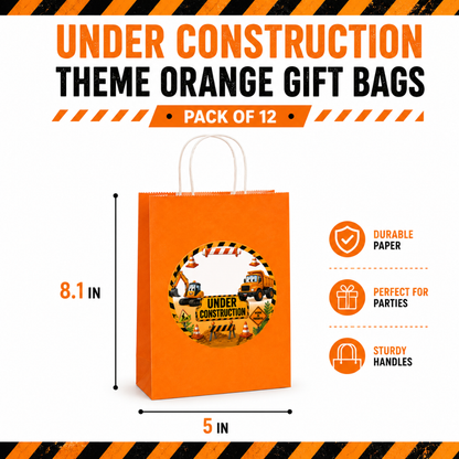 Under Construction Theme Orange Gift Bags - 12PC