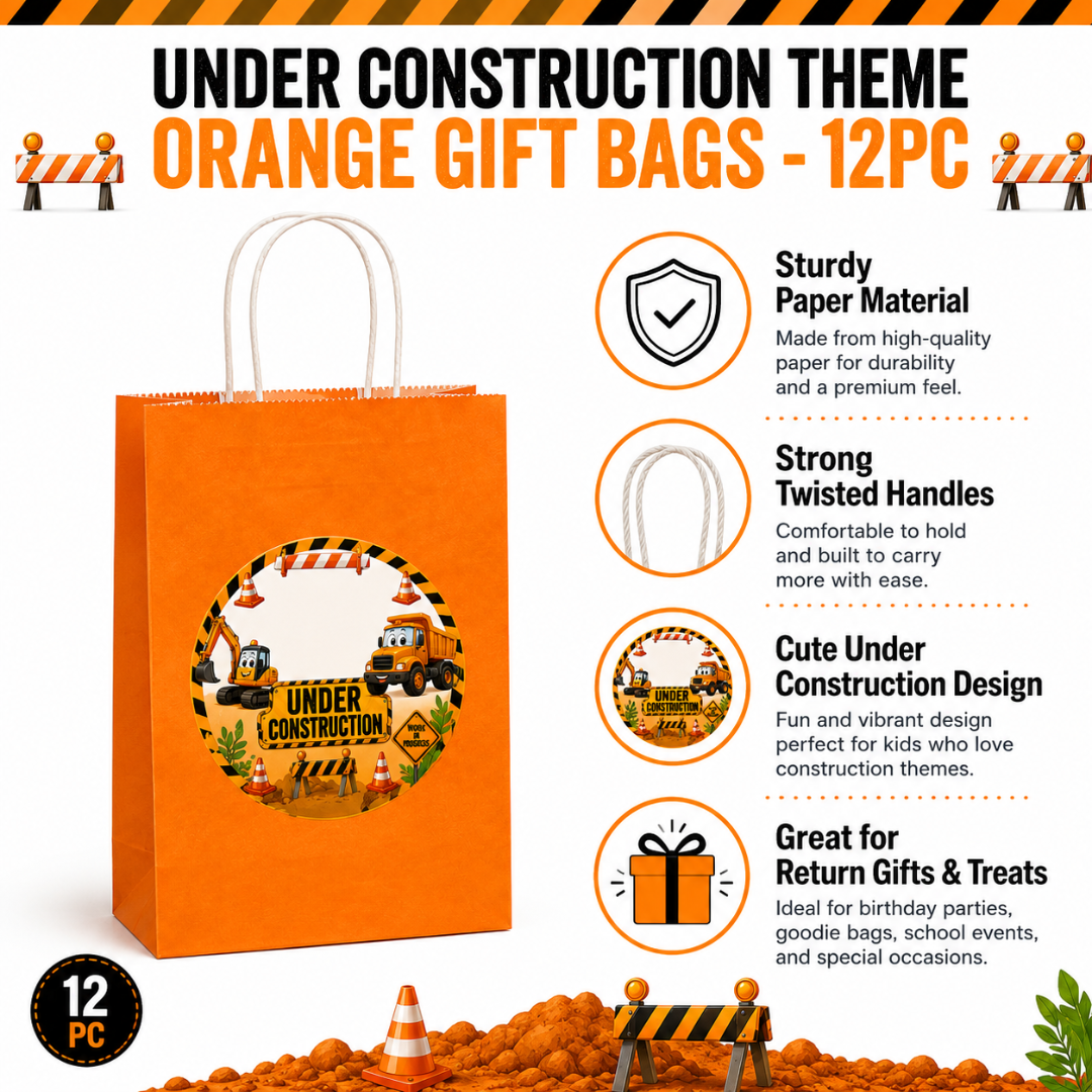 Under Construction Theme Orange Gift Bags - 12PC