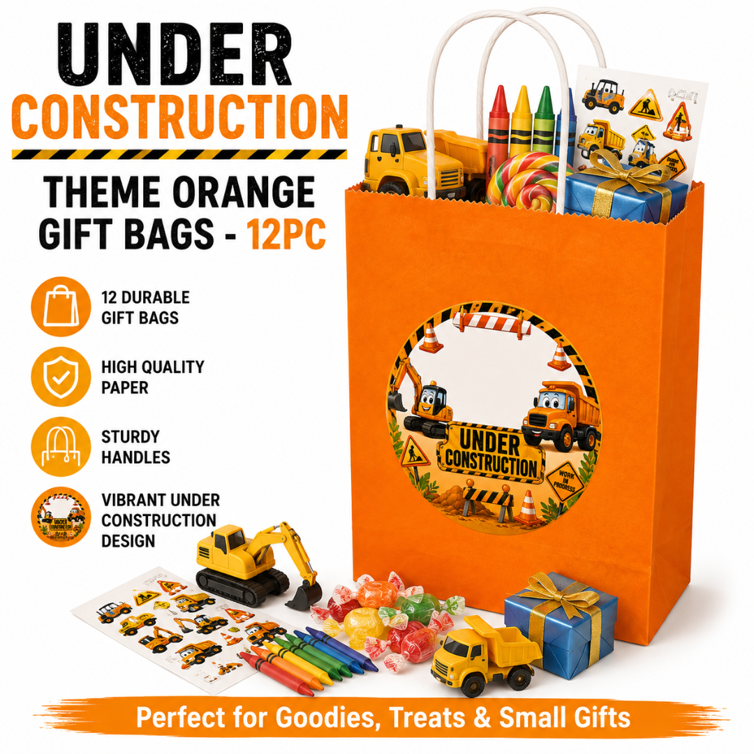 Under Construction Theme Orange Gift Bags - 12PC