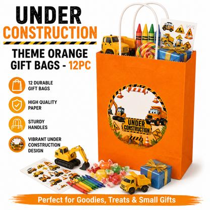 Under Construction Theme Orange Gift Bags - 12PC
