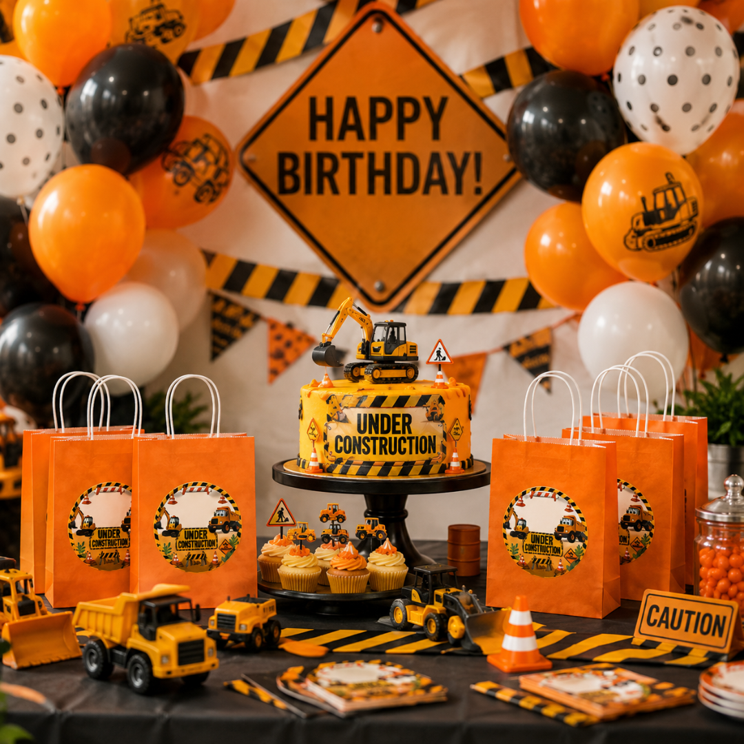 Under Construction Theme Orange Gift Bags - 12PC