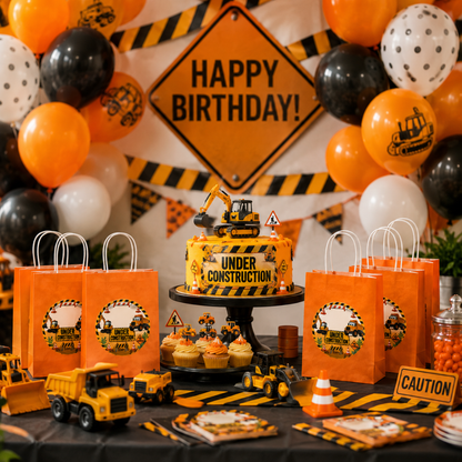 Under Construction Theme Orange Gift Bags - 12PC