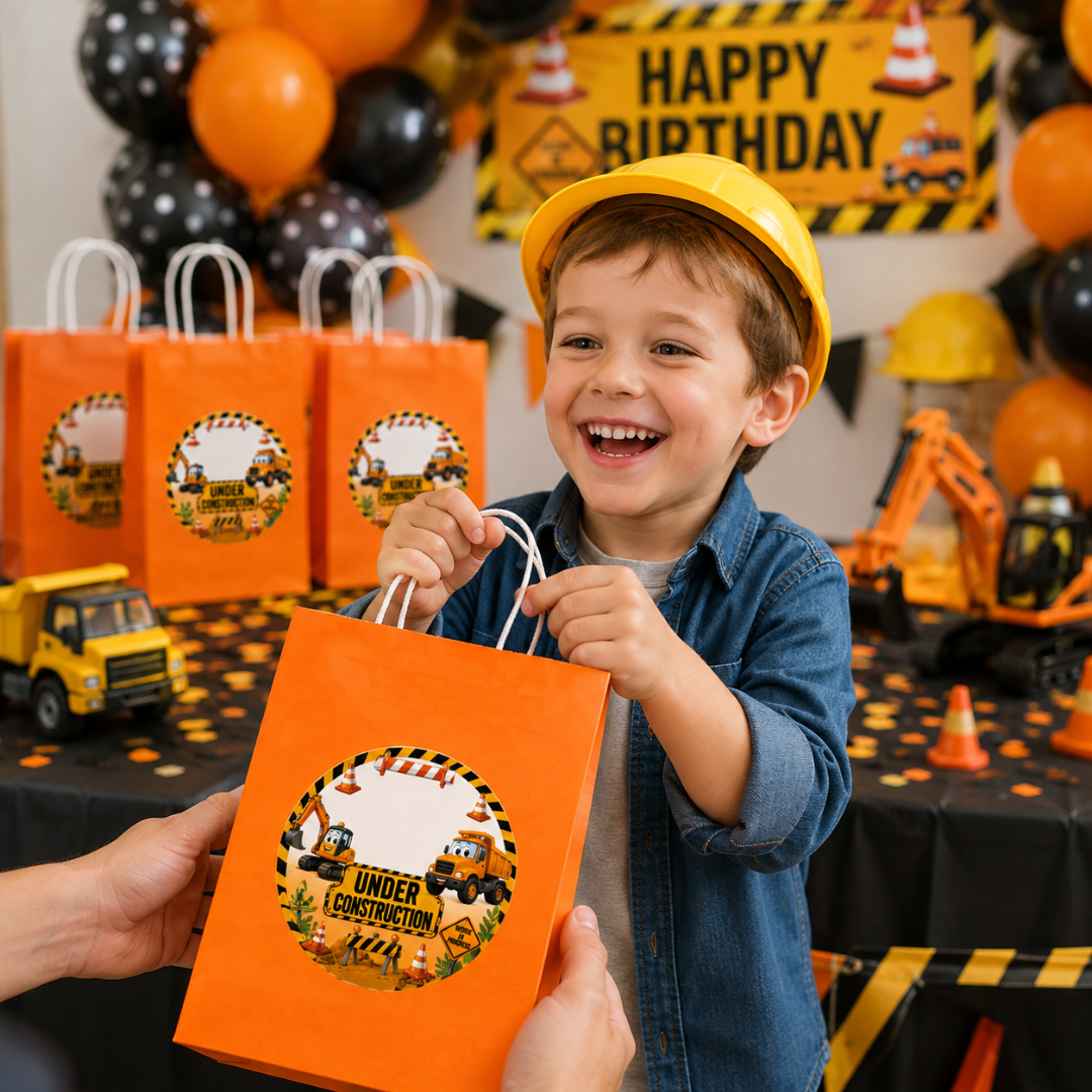 Under Construction Theme Orange Gift Bags - 12PC