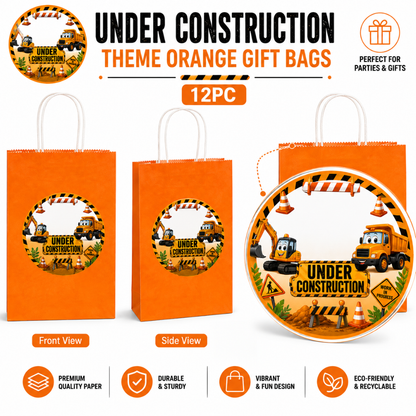 Under Construction Theme Orange Gift Bags - 12PC