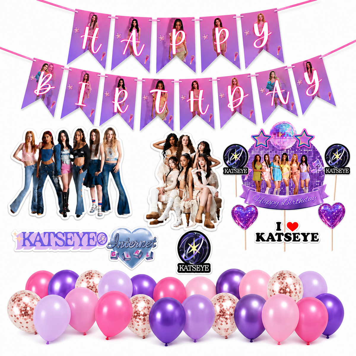 Katseye Inspired Birthday Decoration Combo for Girls - 40PC Set | Banner, Cutouts, Balloons & Party Décor Kit