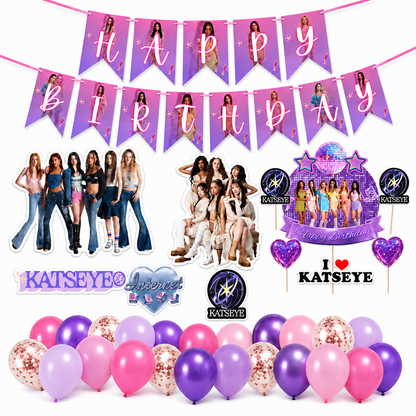 Katseye Inspired Birthday Decoration Combo for Girls - 40PC Set | Banner, Cutouts, Balloons & Party Décor Kit