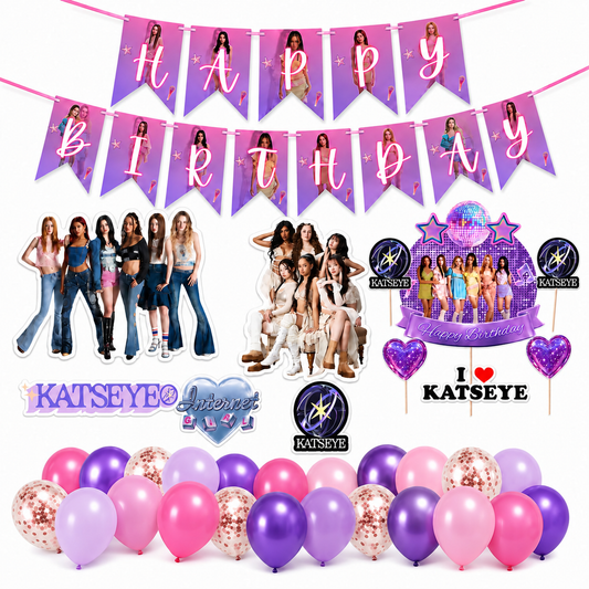 Katseye Inspired Birthday Decoration Combo for Girls - 40PC Set | Banner, Cutouts, Balloons & Party Décor Kit