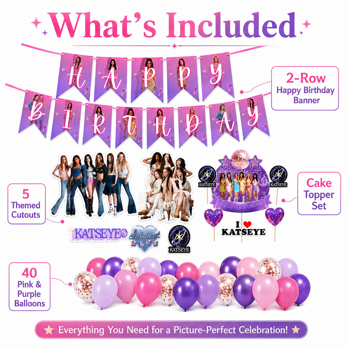 Katseye Inspired Birthday Decoration Combo for Girls - 40PC Set | Banner, Cutouts, Balloons & Party Décor Kit