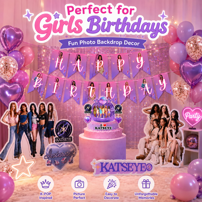 Katseye Inspired Birthday Decoration Combo for Girls - 40PC Set | Banner, Cutouts, Balloons & Party Décor Kit