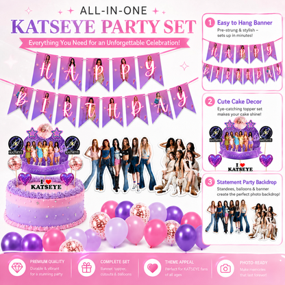 Katseye Inspired Birthday Decoration Combo for Girls - 40PC Set | Banner, Cutouts, Balloons & Party Décor Kit