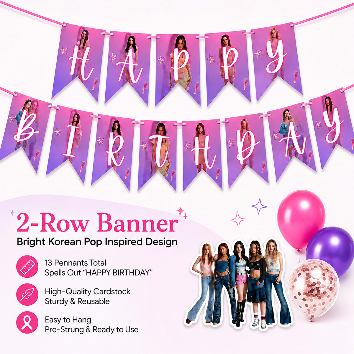 Katseye Inspired Birthday Decoration Combo for Girls - 40PC Set | Banner, Cutouts, Balloons & Party Décor Kit