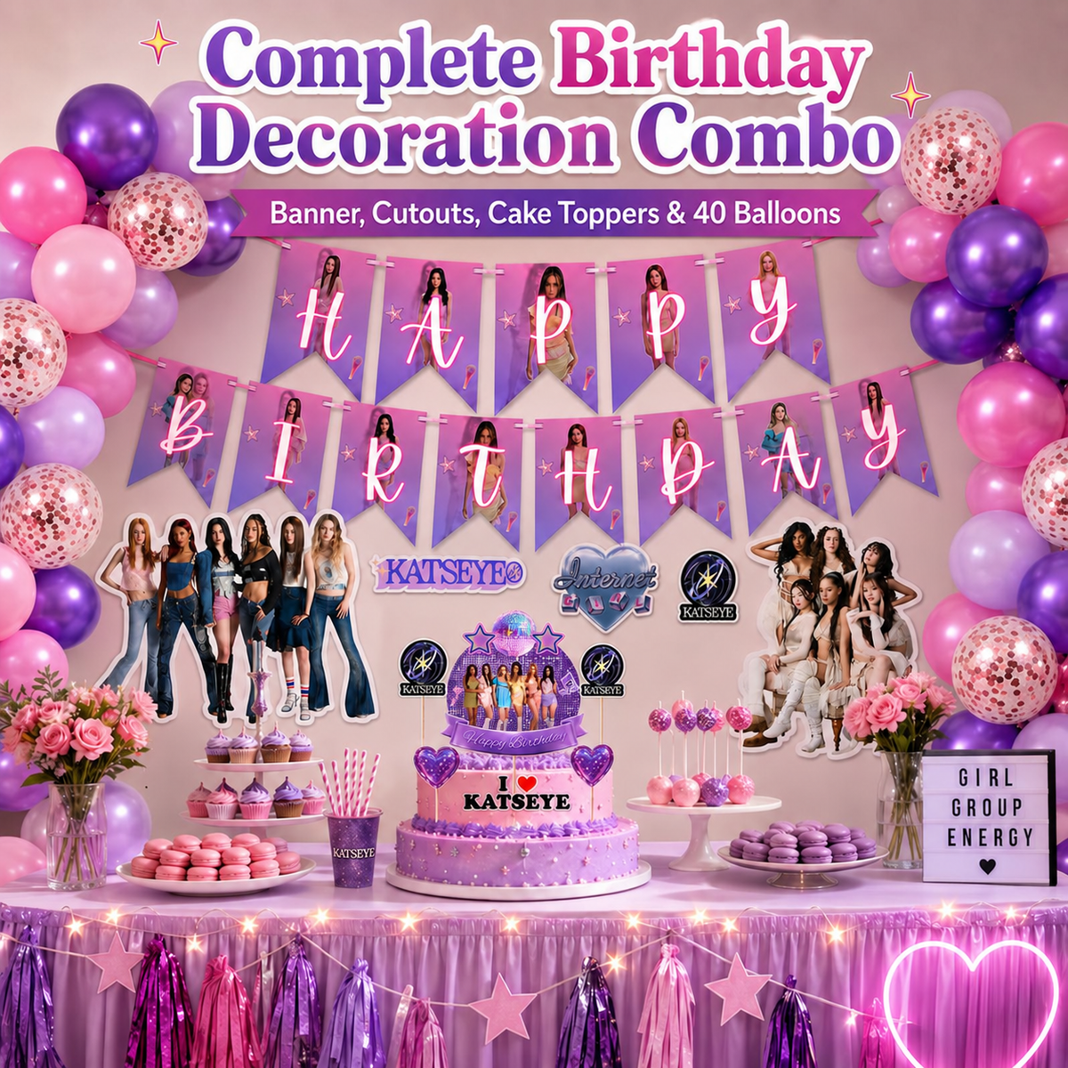 Katseye Inspired Birthday Decoration Combo for Girls - 40PC Set | Banner, Cutouts, Balloons & Party Décor Kit