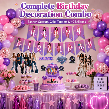 Katseye Inspired Birthday Decoration Combo for Girls - 40PC Set | Banner, Cutouts, Balloons & Party Décor Kit
