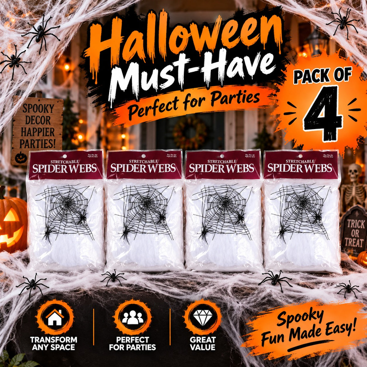 Halloween Spider Web Decorations with Extra Fake Spiders - Pack of 4 | Super Stretchy Cobwebs for Indoor & Outdoor Décor, Covers Up to 500 Sq Ft