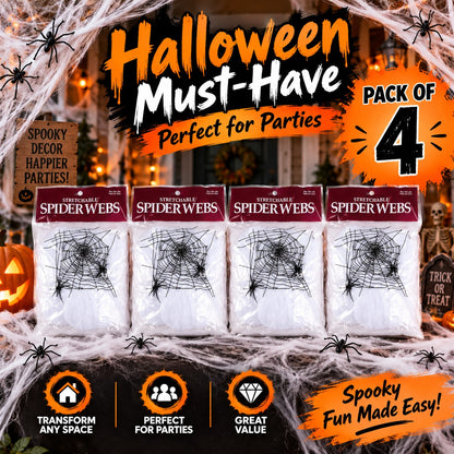 Halloween Spider Web Decorations with Extra Fake Spiders - Pack of 4 | Super Stretchy Cobwebs for Indoor & Outdoor Décor, Covers Up to 500 Sq Ft