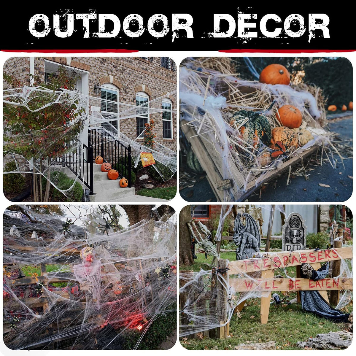 Halloween Spider Web Decorations with Extra Fake Spiders - Pack of 4 | Super Stretchy Cobwebs for Indoor & Outdoor Décor, Covers Up to 500 Sq Ft