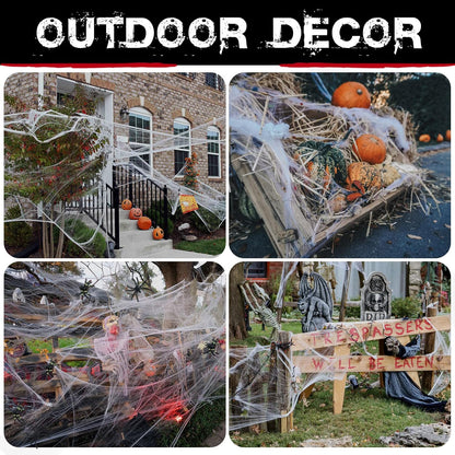 Halloween Spider Web Decorations with Extra Fake Spiders - Pack of 4 | Super Stretchy Cobwebs for Indoor & Outdoor Décor, Covers Up to 500 Sq Ft