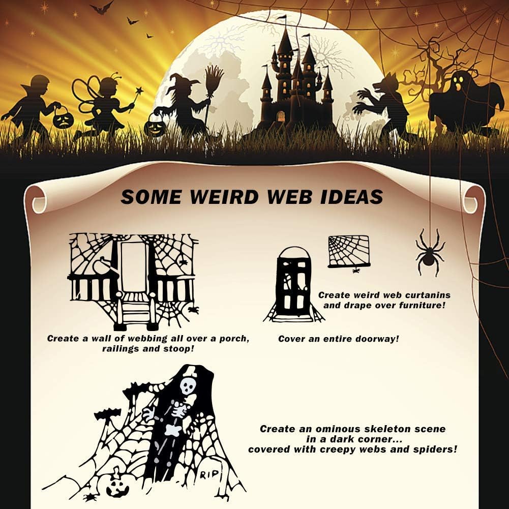 Halloween Spider Web Decorations with Extra Fake Spiders - Pack of 4 | Super Stretchy Cobwebs for Indoor & Outdoor Décor, Covers Up to 500 Sq Ft