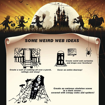 Halloween Spider Web Decorations with Extra Fake Spiders - Pack of 4 | Super Stretchy Cobwebs for Indoor & Outdoor Décor, Covers Up to 500 Sq Ft