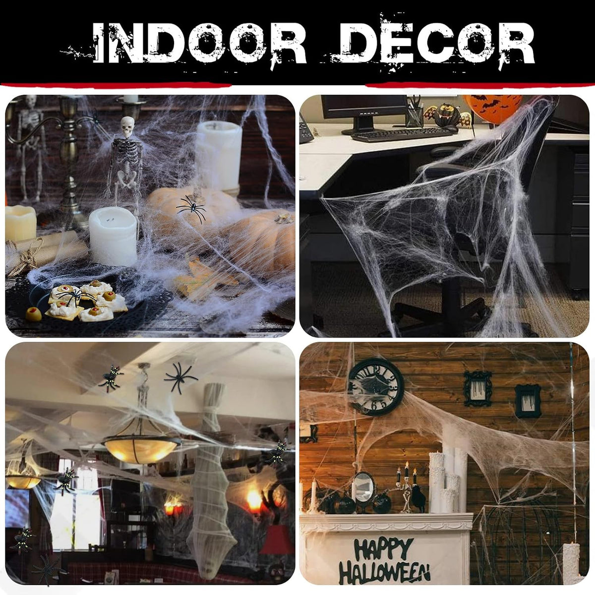 Halloween Spider Web Decorations with Extra Fake Spiders - Pack of 4 | Super Stretchy Cobwebs for Indoor & Outdoor Décor, Covers Up to 500 Sq Ft