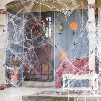 Halloween Spider Web Decorations with Extra Fake Spiders - Pack of 4 | Super Stretchy Cobwebs for Indoor & Outdoor Décor, Covers Up to 500 Sq Ft