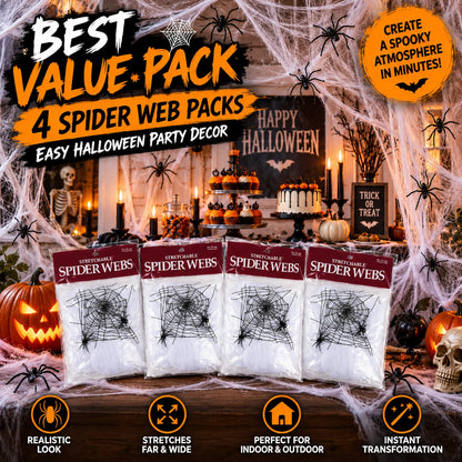 Halloween Spider Web Decorations with Extra Fake Spiders - Pack of 4 | Super Stretchy Cobwebs for Indoor & Outdoor Décor, Covers Up to 500 Sq Ft