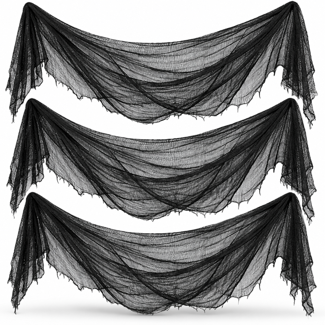 Black Halloween Creepy Cloth - Pack of 3 | 1m x 2m Stretchy Gauze Fabric for Haunted House, Porch, Doorway & Party Décor