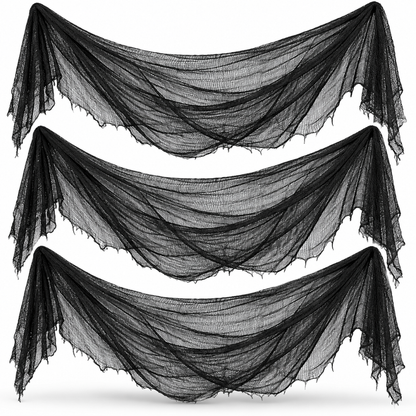 Black Halloween Creepy Cloth - Pack of 3 | 1m x 2m Stretchy Gauze Fabric for Haunted House, Porch, Doorway & Party Décor