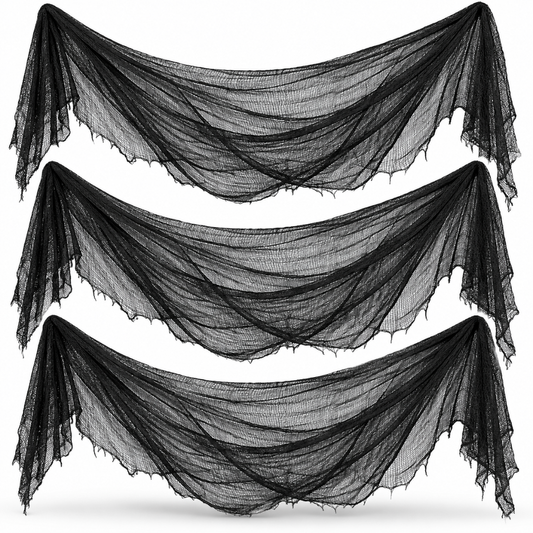 Black Halloween Creepy Cloth - Pack of 3 | 1m x 2m Stretchy Gauze Fabric for Haunted House, Porch, Doorway & Party Décor