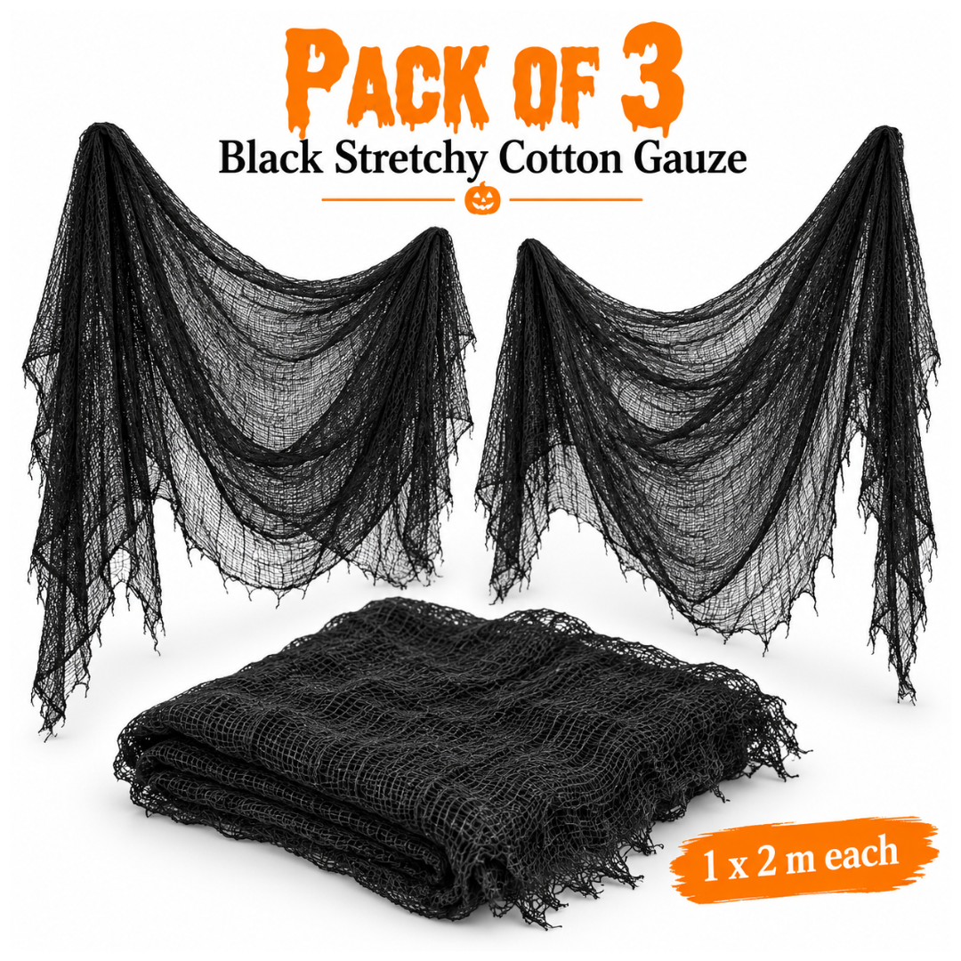 Black Halloween Creepy Cloth - Pack of 3 | 1m x 2m Stretchy Gauze Fabric for Haunted House, Porch, Doorway & Party Décor