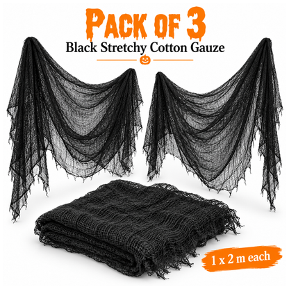 Black Halloween Creepy Cloth - Pack of 3 | 1m x 2m Stretchy Gauze Fabric for Haunted House, Porch, Doorway & Party Décor