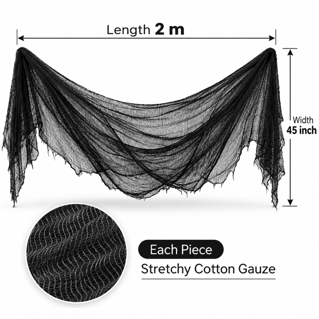 Black Halloween Creepy Cloth - Pack of 3 | 1m x 2m Stretchy Gauze Fabric for Haunted House, Porch, Doorway & Party Décor
