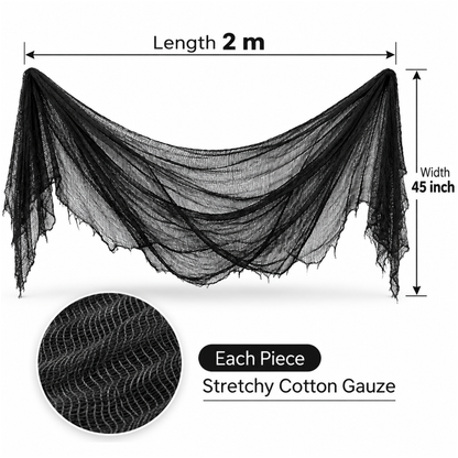 Black Halloween Creepy Cloth - Pack of 3 | 1m x 2m Stretchy Gauze Fabric for Haunted House, Porch, Doorway & Party Décor