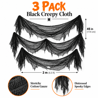 Black Halloween Creepy Cloth - Pack of 3 | 1m x 2m Stretchy Gauze Fabric for Haunted House, Porch, Doorway & Party Décor
